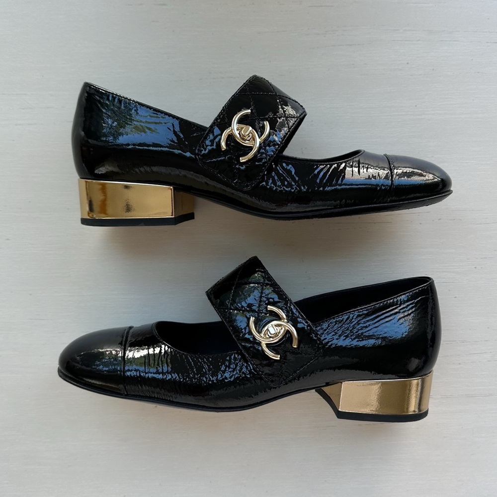 Chanel Black and Gold Patent Goatskin Mary Janes